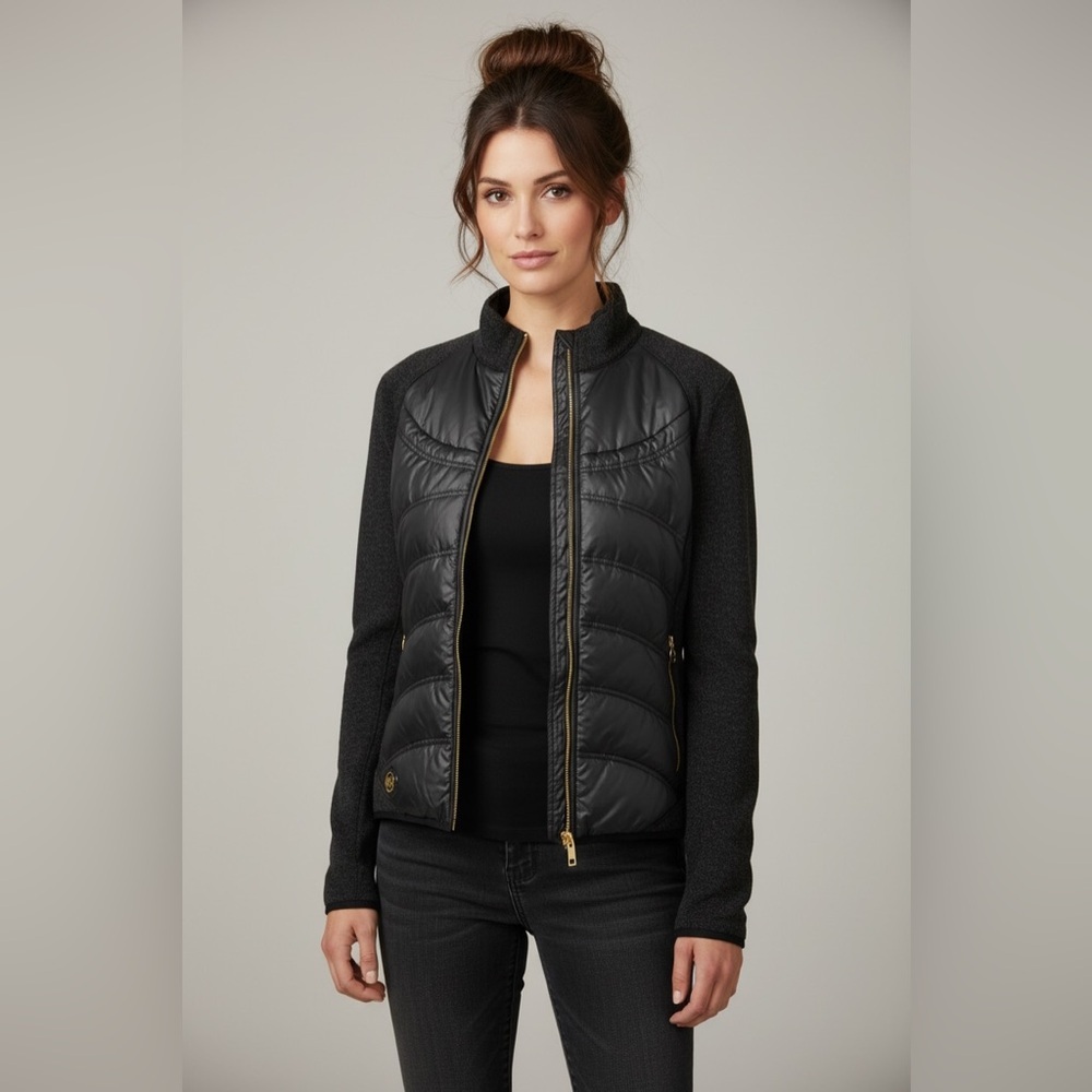 Michael Kors Black brown Hi low down Puffer Jacket with Gold MK Accents - Picture 2 of 16